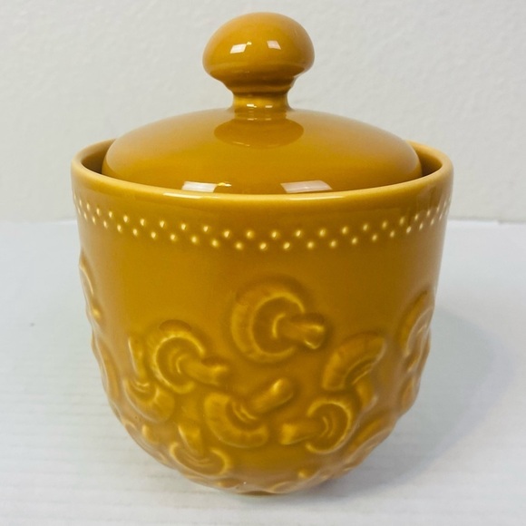Pier 1 Mushroom Embossed Earthenware Canister W/ Lid 6” x 4.5” - Picture 1 of 8